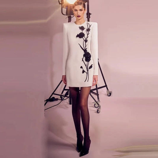 2024 fall new star fashion 3D black flower women's clothing studded long sleeve short white evening dresses