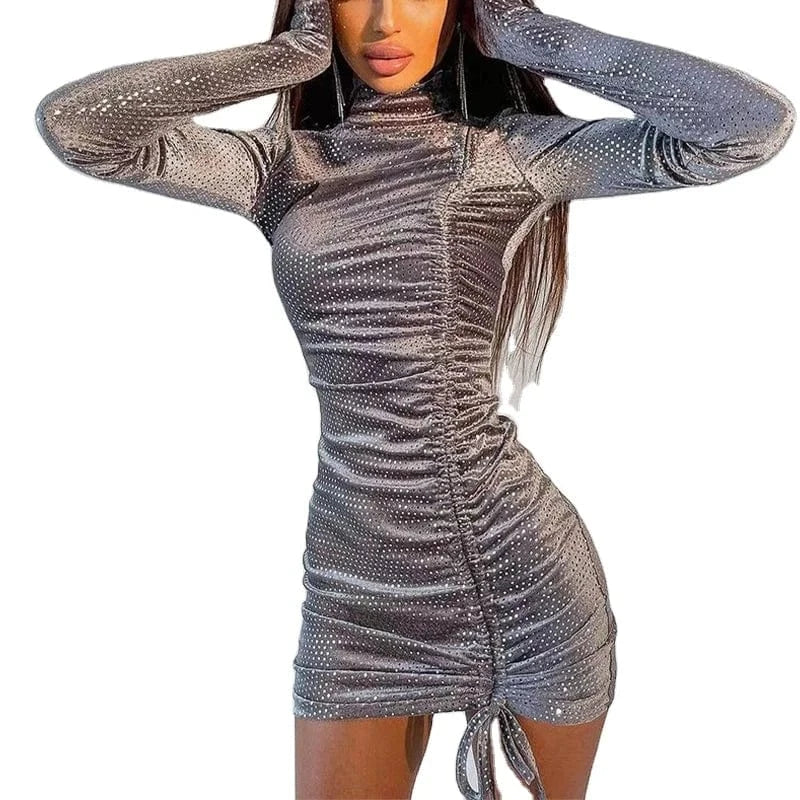 2024 Fall Winter Fashion Drawstring Sequin High Neck Long Sleeve Slim Pencil Women's Bandage Dress