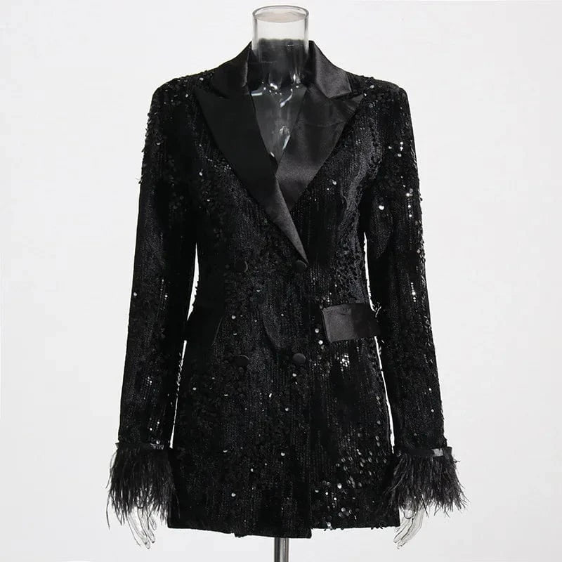 2024 Fall Winter New Arrival Fashion Luxury Sequin Cuff Feather Patchwork Women Blazer