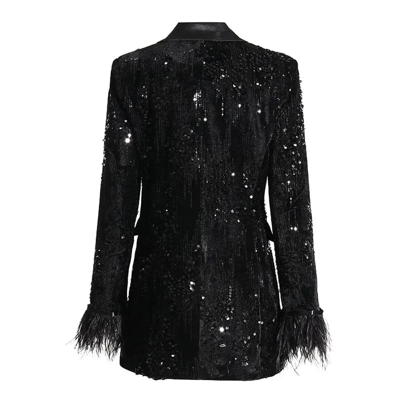 2024 Fall Winter New Arrival Fashion Luxury Sequin Cuff Feather Patchwork Women Blazer
