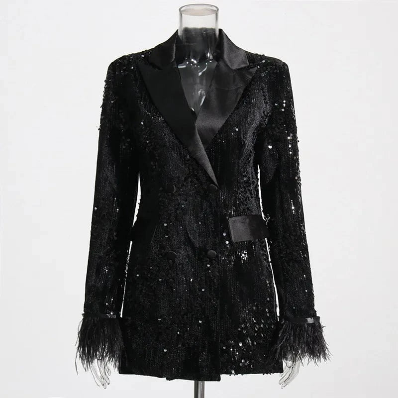 2024 Fall Winter New Arrival Fashion Luxury Sequin Cuff Feather Patchwork Women Blazer