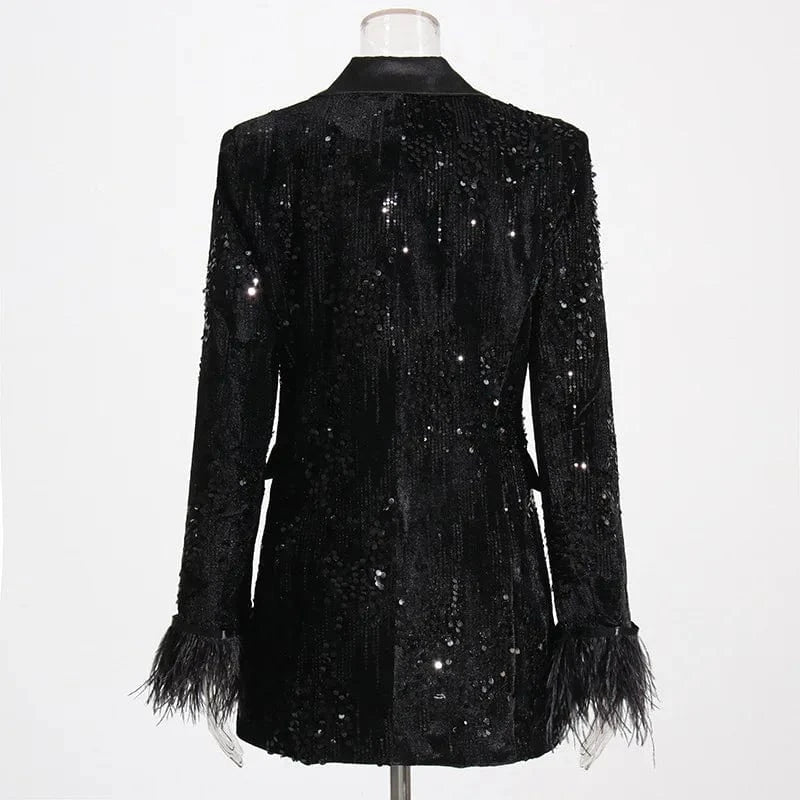 2024 Fall Winter New Arrival Fashion Luxury Sequin Cuff Feather Patchwork Women Blazer