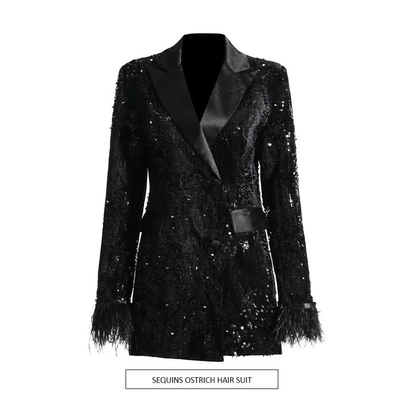 2024 Fall Winter New Arrival Fashion Luxury Sequin Cuff Feather Patchwork Women Blazer