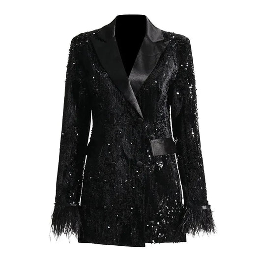 2024 Fall Winter New Arrival Fashion Luxury Sequin Cuff Feather Patchwork Women Blazer