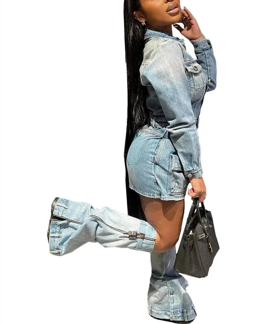 2024 Fall Winter Y2k Streetwear Sexy Jeans Club Wear Vintage Denim Dress Set Lapel Neck Shirts Cargo Dress With Leg Covers