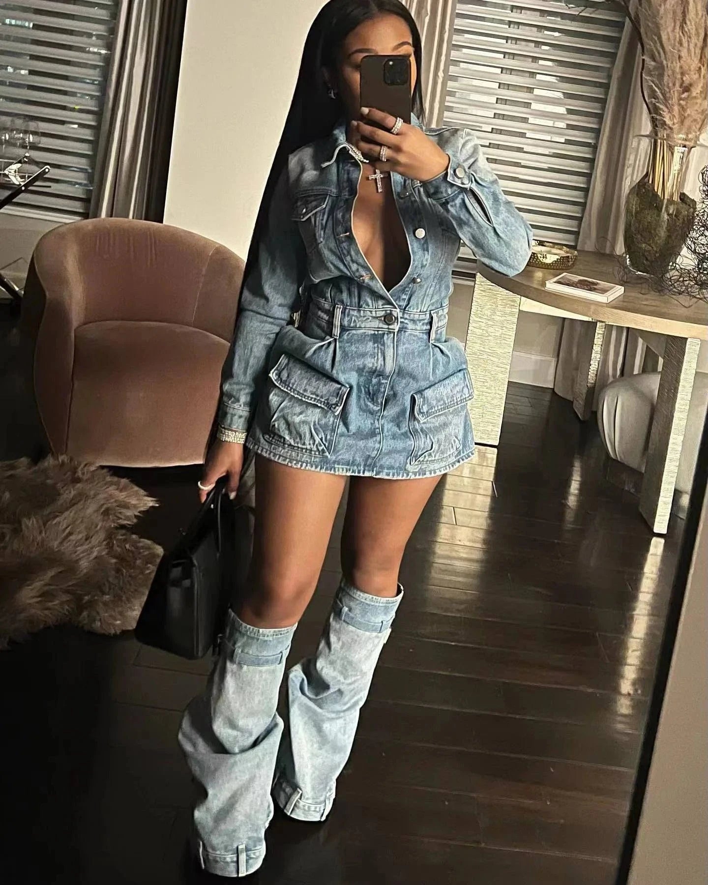 2024 Fall Winter Y2k Streetwear Sexy Jeans Club Wear Vintage Denim Dress Set Lapel Neck Shirts Cargo Dress With Leg Covers