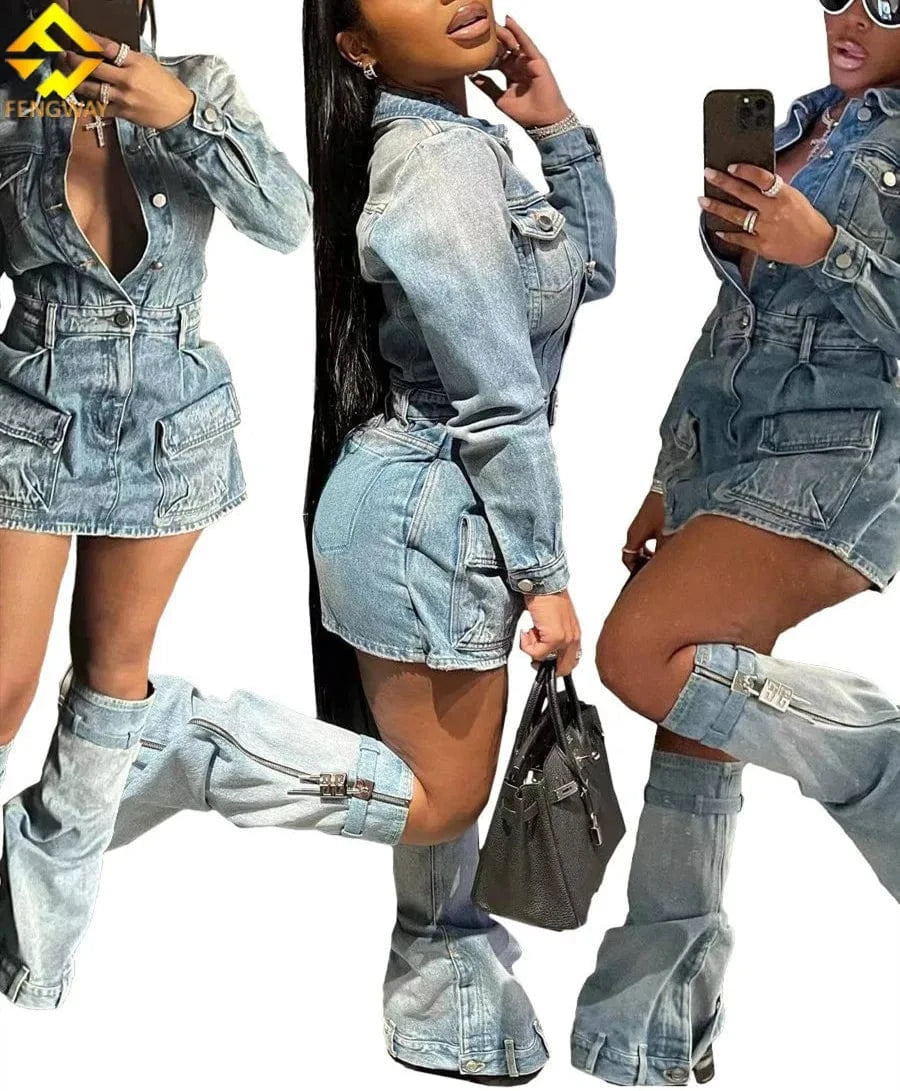 2024 Fall Winter Y2k Streetwear Sexy Jeans Club Wear Vintage Denim Dress Set Lapel Neck Shirts Cargo Dress With Leg Covers