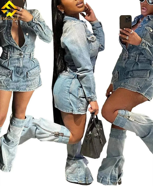 2024 Fall Winter Y2k Streetwear Sexy Jeans Club Wear Vintage Denim Dress Set Lapel Neck Shirts Cargo Dress With Leg Covers