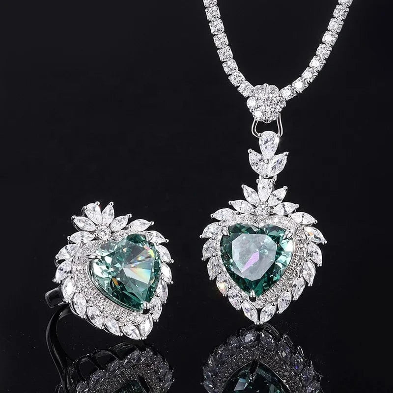 2024 Fancy Radiant Cut Heart Jewelry Set Luxury 100% S925 Sterling Silver Mint Green CZ Ring Necklace Wedding Jewelry Sets
