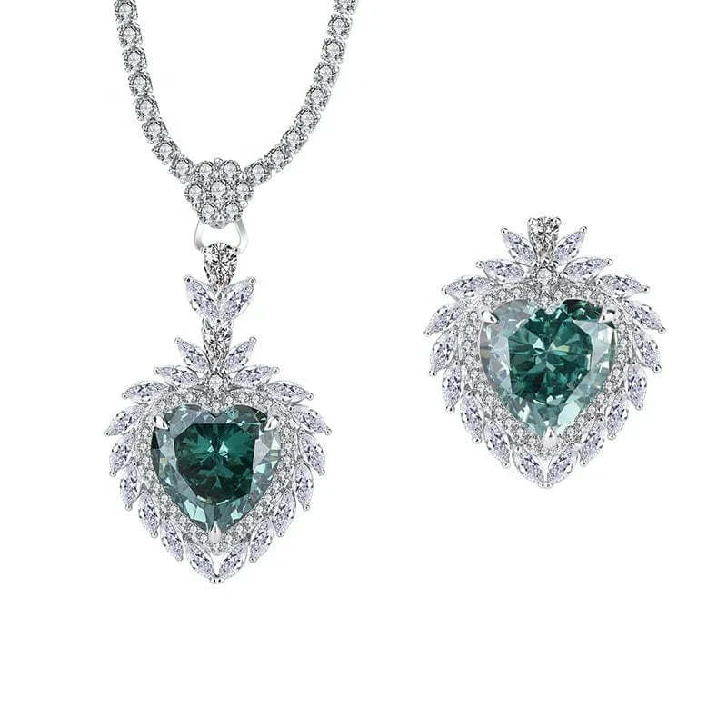 2024 Fancy Radiant Cut Heart Jewelry Set Luxury 100% S925 Sterling Silver Mint Green CZ Ring Necklace Wedding Jewelry Sets