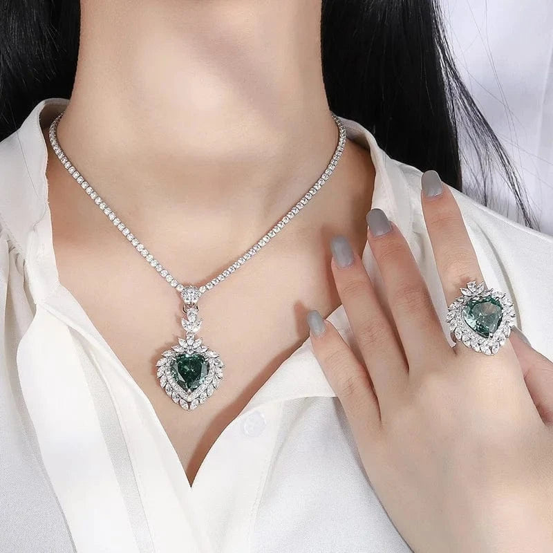 2024 Fancy Radiant Cut Heart Jewelry Set Luxury 100% S925 Sterling Silver Mint Green CZ Ring Necklace Wedding Jewelry Sets