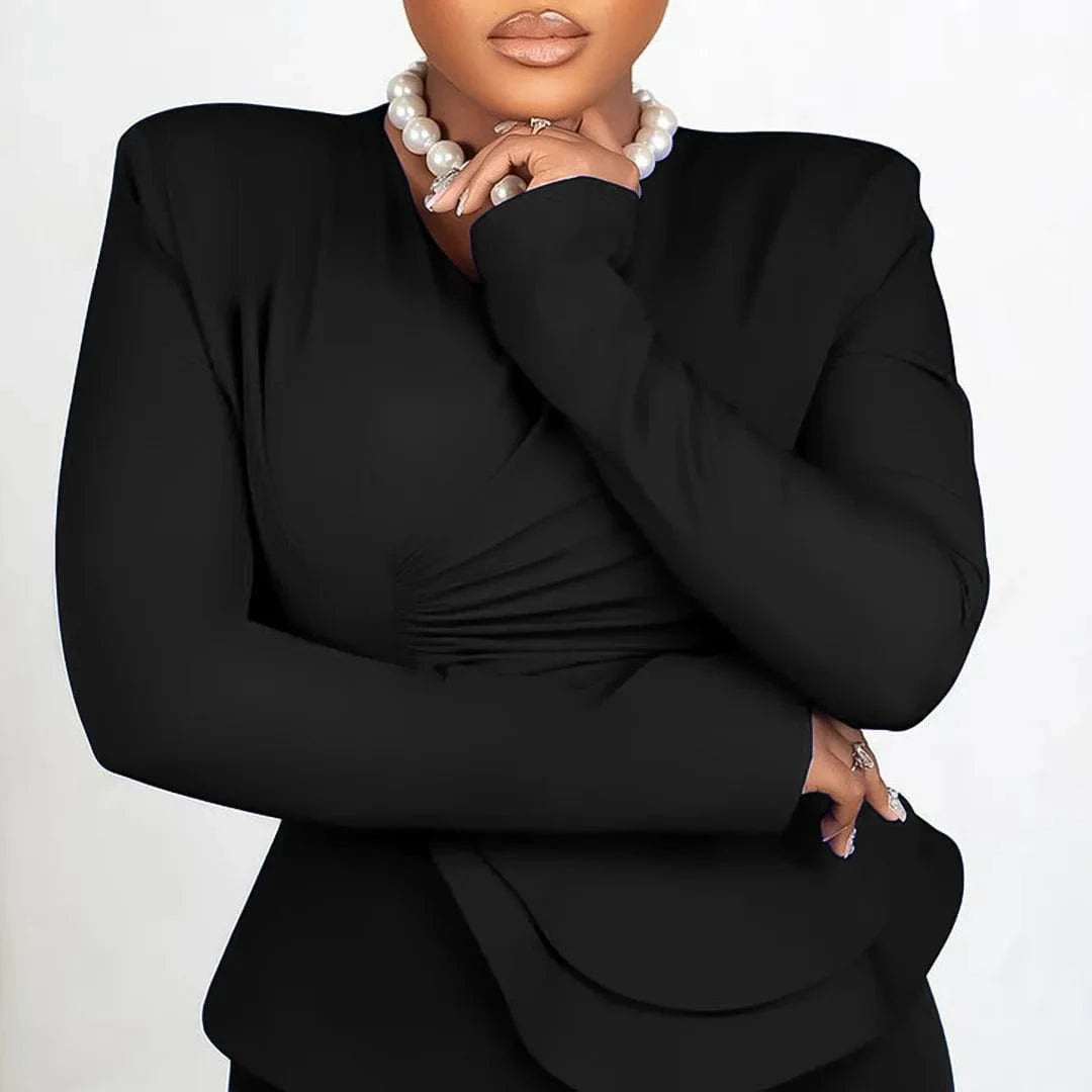 2024 Fashion Autumn Winter Outfits Ruffled V Neck Ladies Office Top And Pants Set For Women Two Pieces