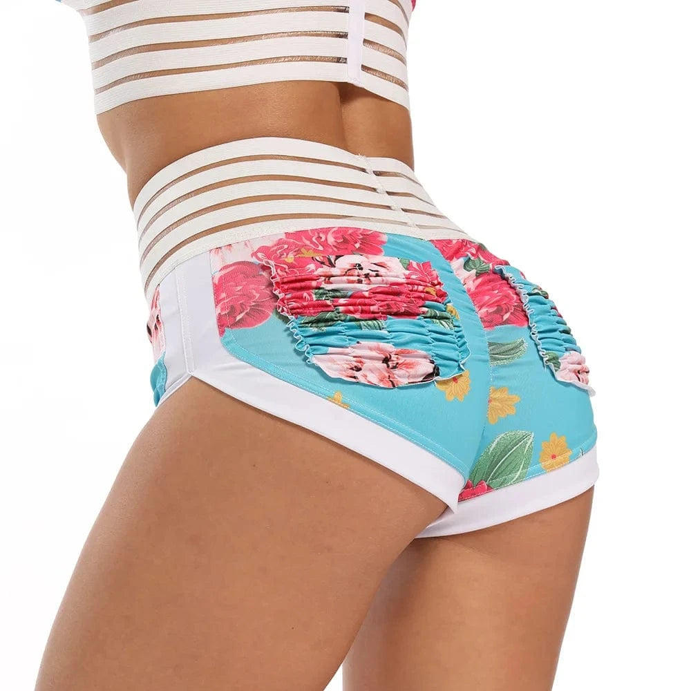 2024 fashion High Elastic Ruched Butt Lift Fitness Yoga Workout Shorts for Women Floral Print Booty Beach half pant for women