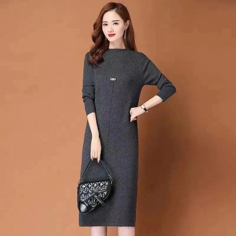 2024 Fashion ladies spring new arrival crew neck long sleeve slim solid color high-quality sweater dress
