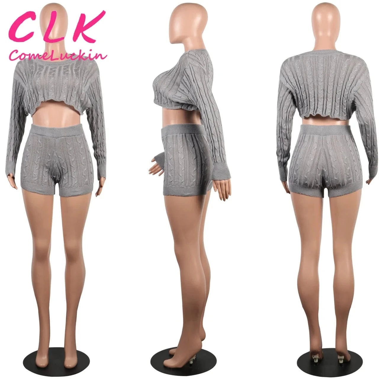 2024 Fashion Long Sleeve Top And Shorts 2 Piece Set Custom Logo Women Sweaters Two Piece Set