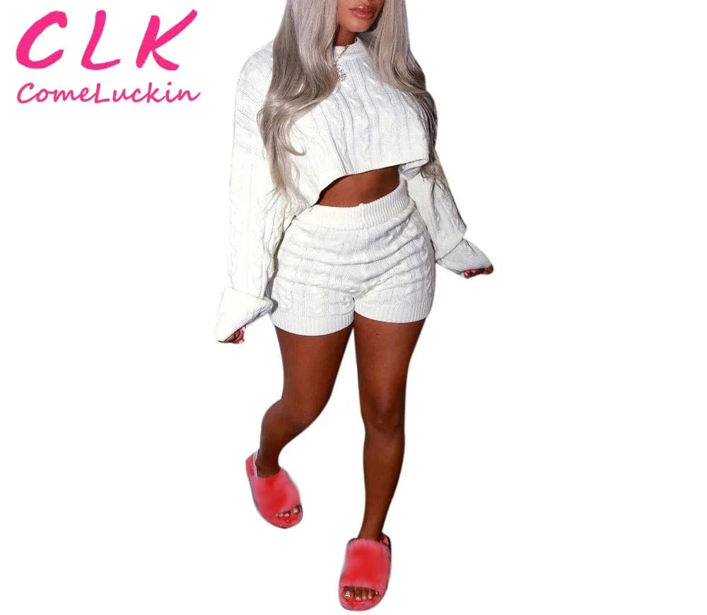 2024 Fashion Long Sleeve Top And Shorts 2 Piece Set Custom Logo Women Sweaters Two Piece Set