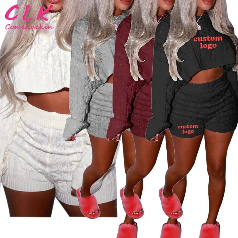 2024 Fashion Long Sleeve Top And Shorts 2 Piece Set Custom Logo Women Sweaters Two Piece Set