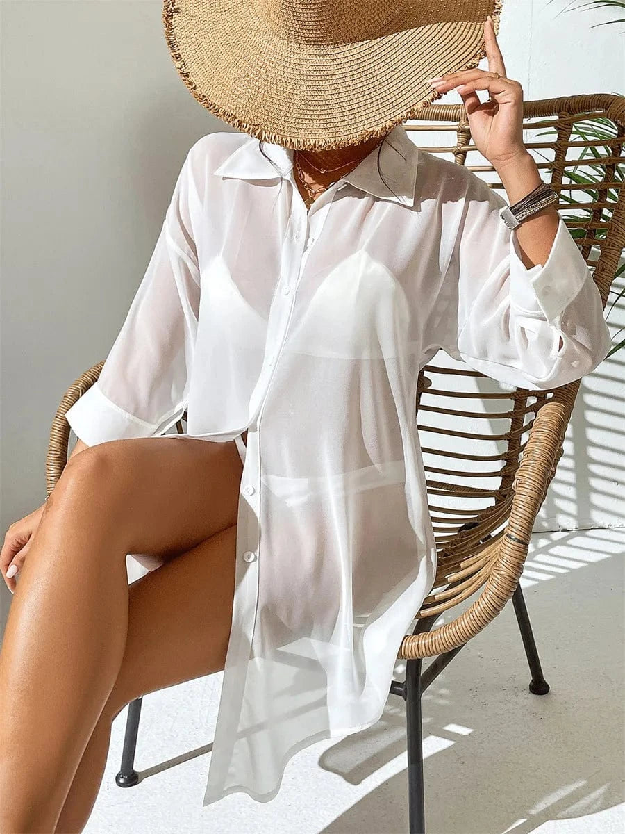 2024 Fashion Long Tshirt White Chiffon Sarongs Button Bikini Cover Up Ladies Solid Swimwear Bathing Beach Cover Ups for women