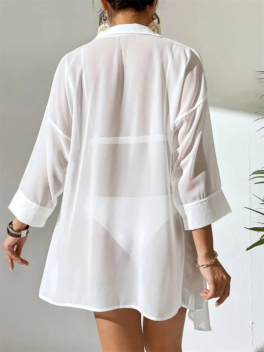 2024 Fashion Long Tshirt White Chiffon Sarongs Button Bikini Cover Up Ladies Solid Swimwear Bathing Beach Cover Ups for women