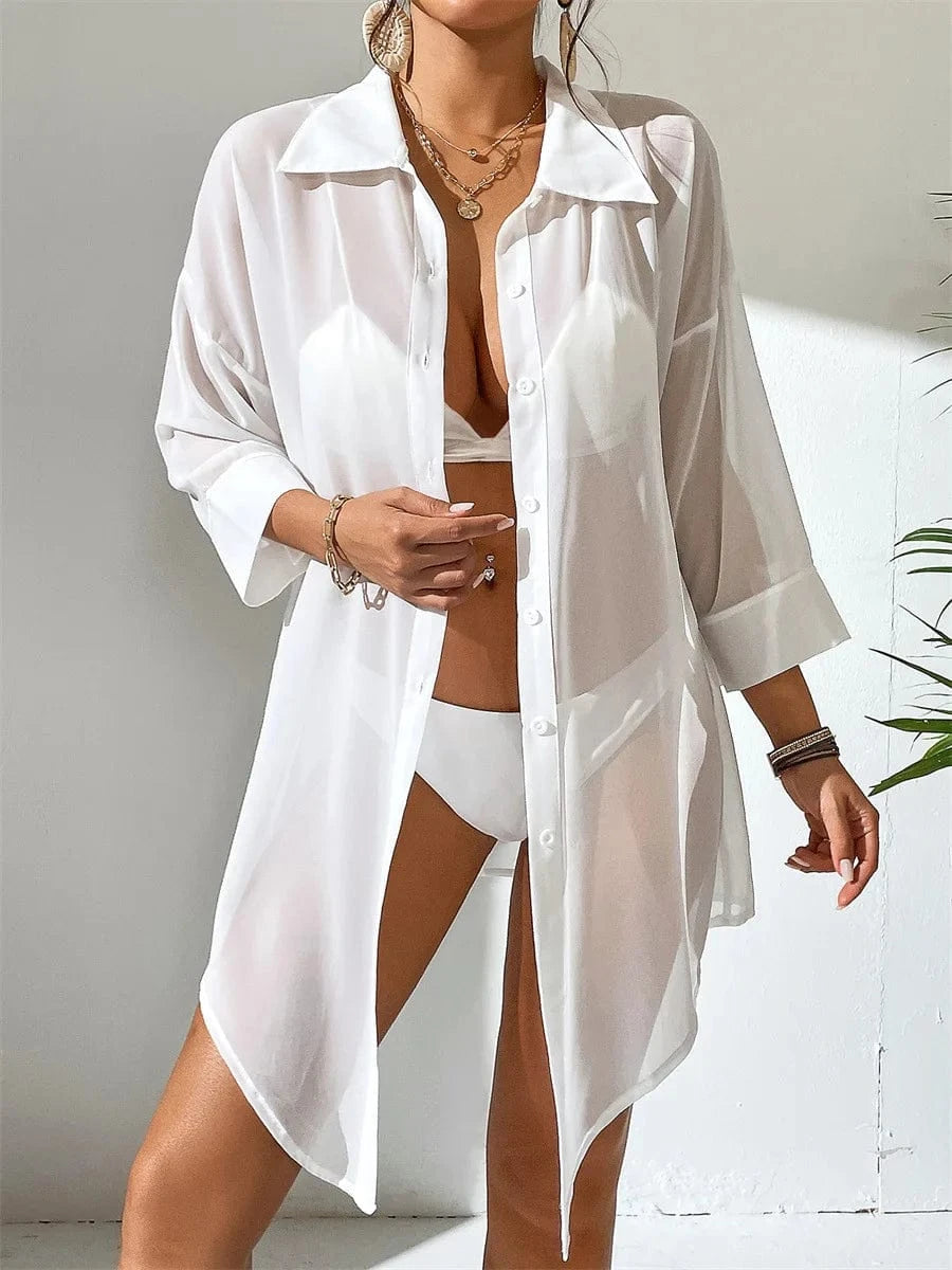 2024 Fashion Long Tshirt White Chiffon Sarongs Button Bikini Cover Up Ladies Solid Swimwear Bathing Beach Cover Ups for women