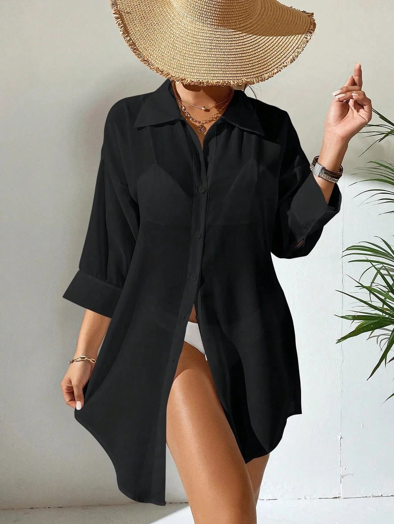 2024 Fashion Long Tshirt White Chiffon Sarongs Button Bikini Cover Up Ladies Solid Swimwear Bathing Beach Cover Ups for women