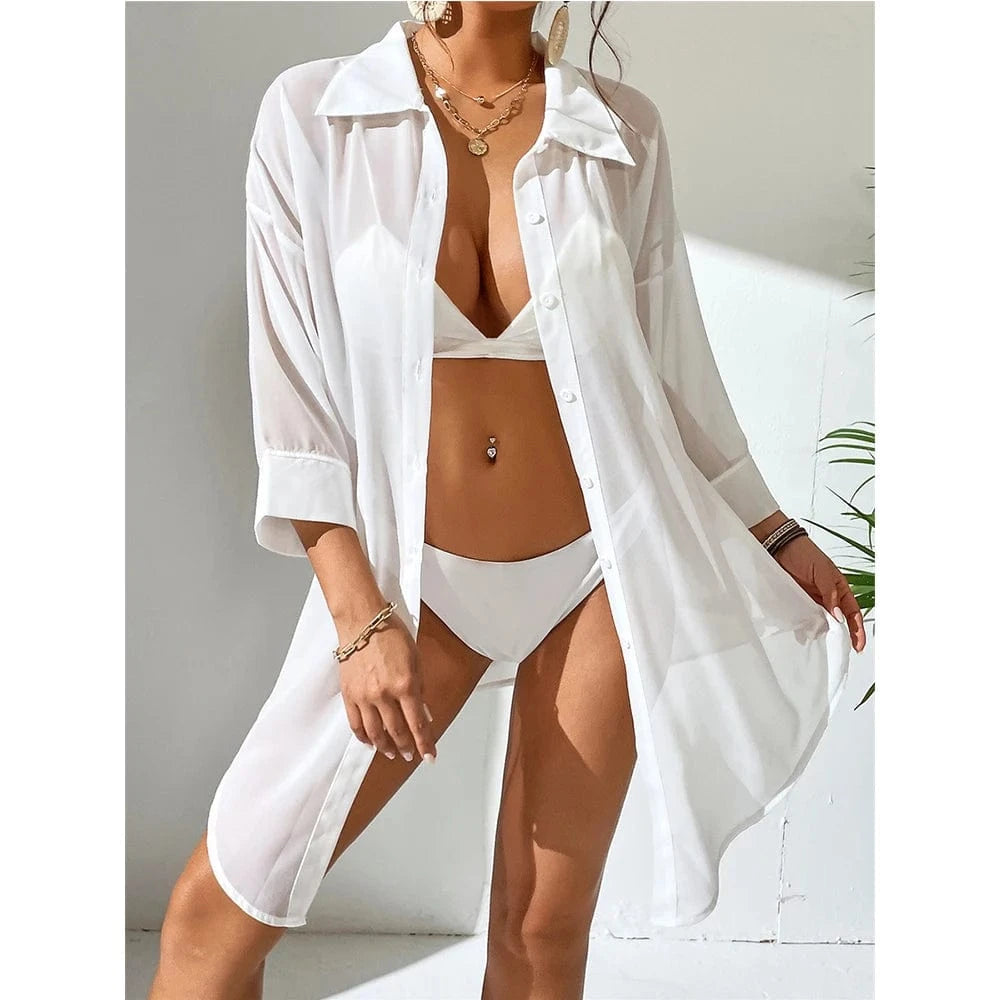 2024 Fashion Long Tshirt White Chiffon Sarongs Button Bikini Cover Up Ladies Solid Swimwear Bathing Beach Cover Ups for women