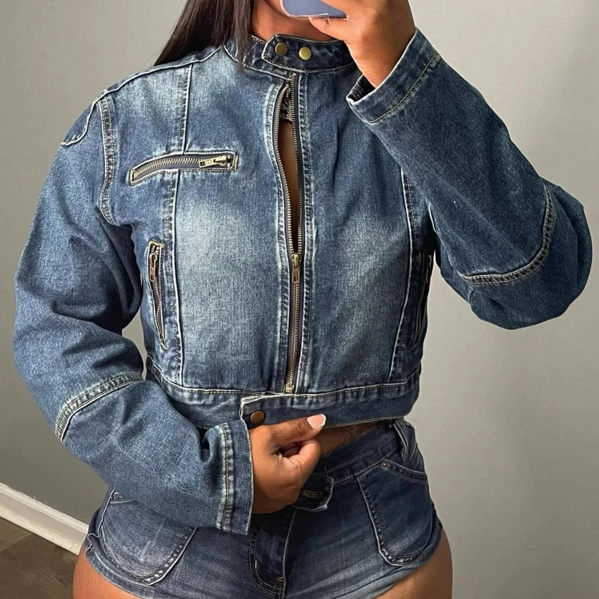 2024 Fashion New Arrival Zipper Long Sleeve Crop Jean Jacket And Denim Shorts Two Piece Denim Sets
