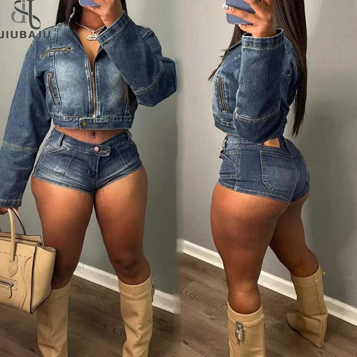2024 Fashion New Arrival Zipper Long Sleeve Crop Jean Jacket And Denim Shorts Two Piece Denim Sets