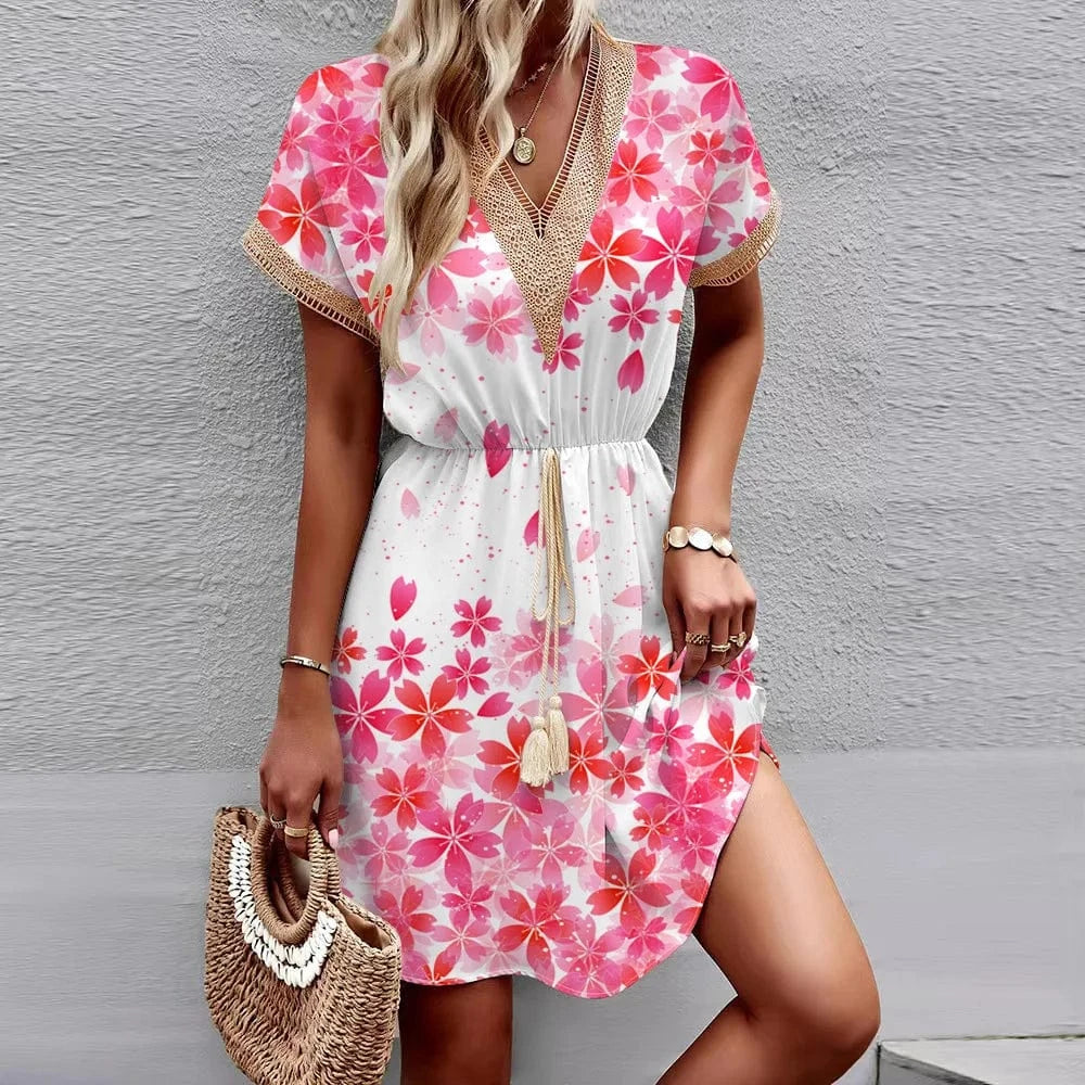 2024 Fashion New Spring and Summer Elegant Printed Short-sleeved Lace V-neck Waist-tight Big Swing Dress