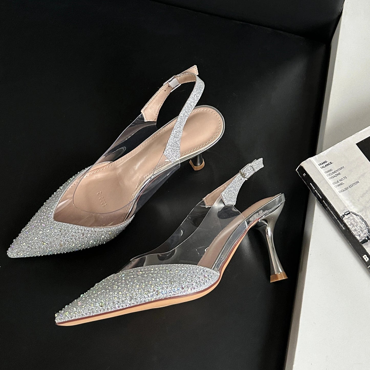 2024 fashion new summer pointed sexy small heel high heels rhinestone glass glue 8.5cm thin heel single shoes