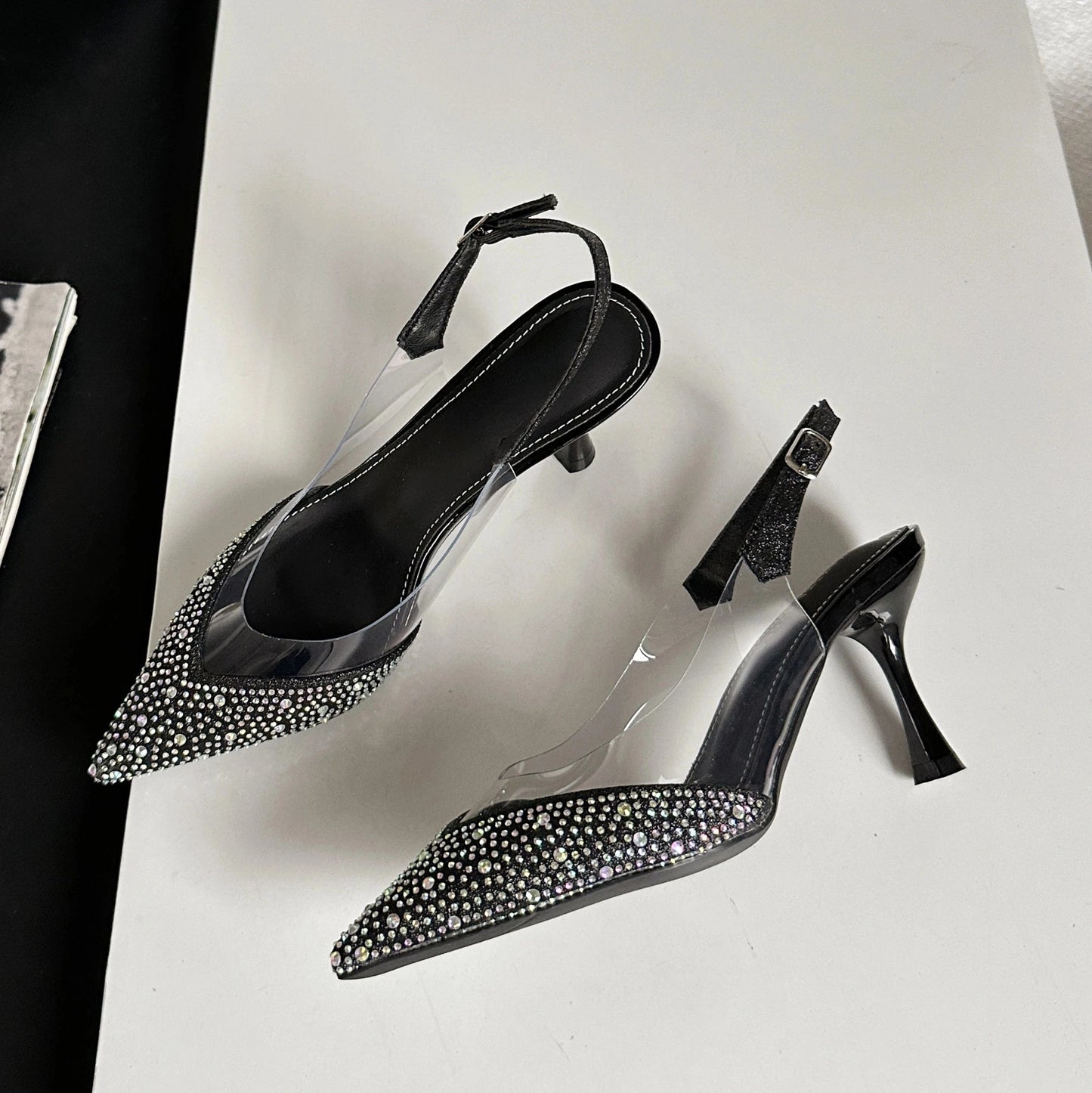 2024 fashion new summer pointed sexy small heel high heels rhinestone glass glue 8.5cm thin heel single shoes