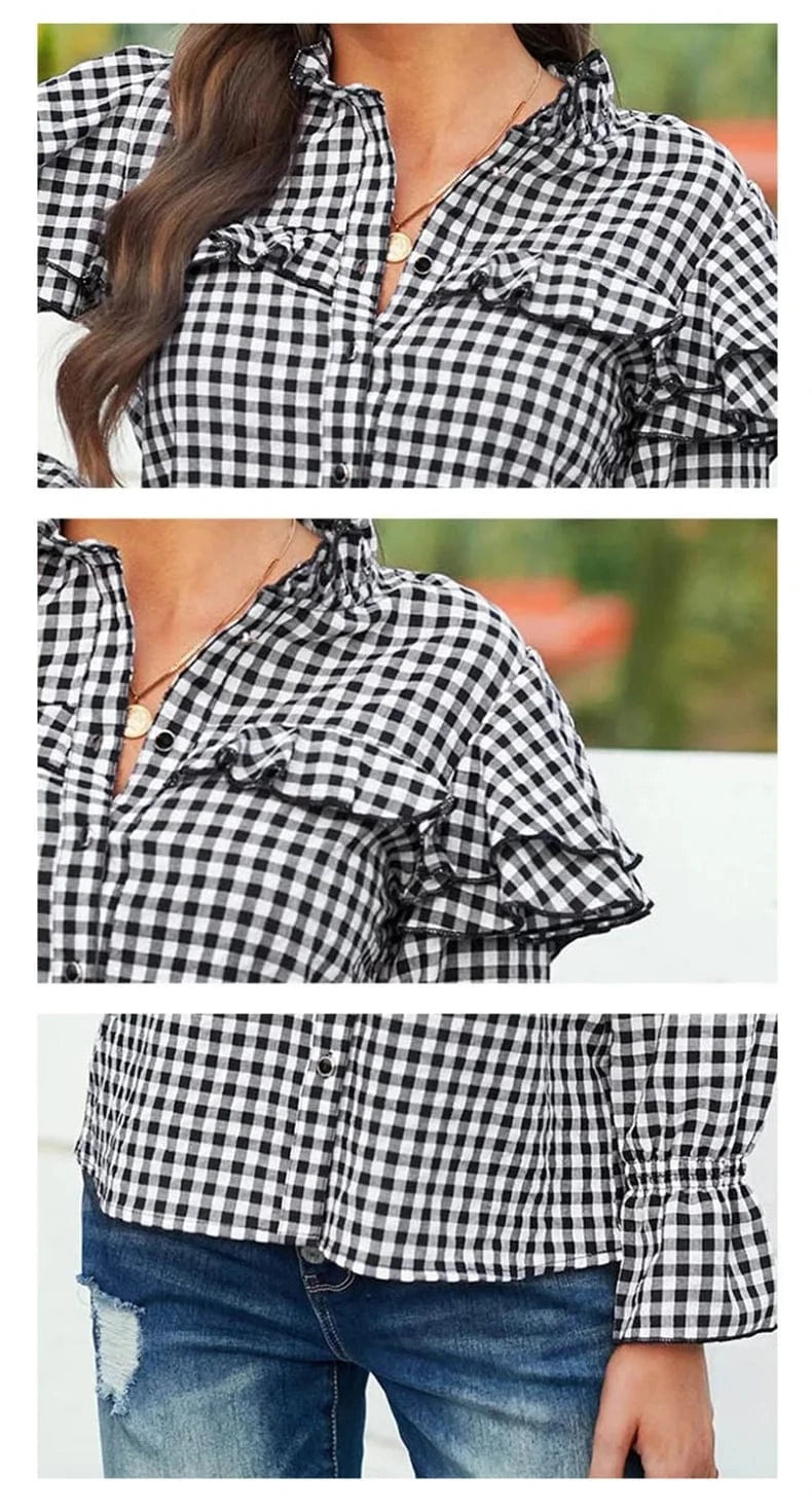 2024 fashion plaid shirt spring women's lotus leaf shoulder long-sleeved single-breasted loose top flared sleeve casual shirt