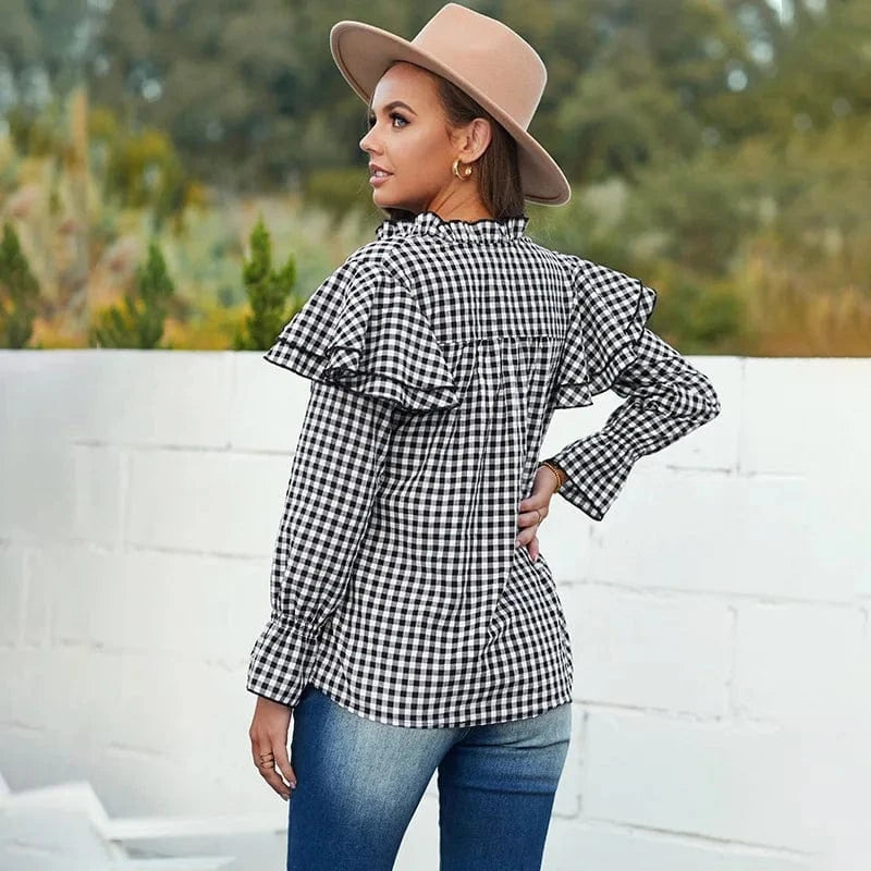 2024 fashion plaid shirt spring women's lotus leaf shoulder long-sleeved single-breasted loose top flared sleeve casual shirt