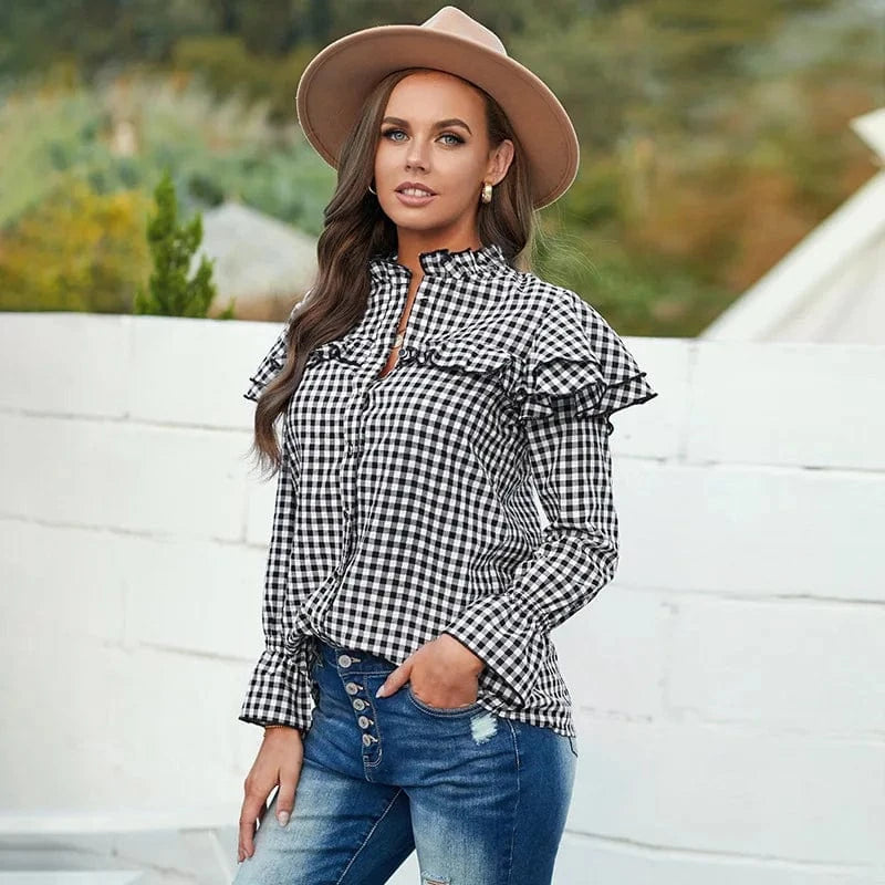 2024 fashion plaid shirt spring women's lotus leaf shoulder long-sleeved single-breasted loose top flared sleeve casual shirt