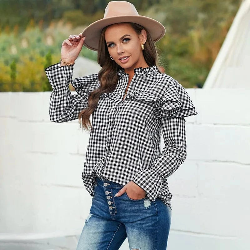2024 fashion plaid shirt spring women's lotus leaf shoulder long-sleeved single-breasted loose top flared sleeve casual shirt