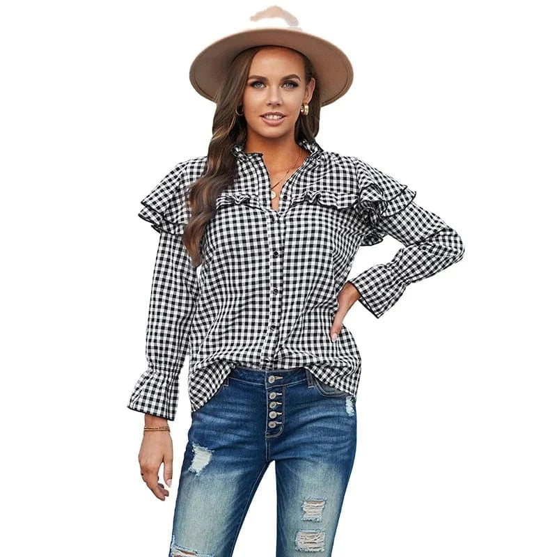 2024 fashion plaid shirt spring women's lotus leaf shoulder long-sleeved single-breasted loose top flared sleeve casual shirt