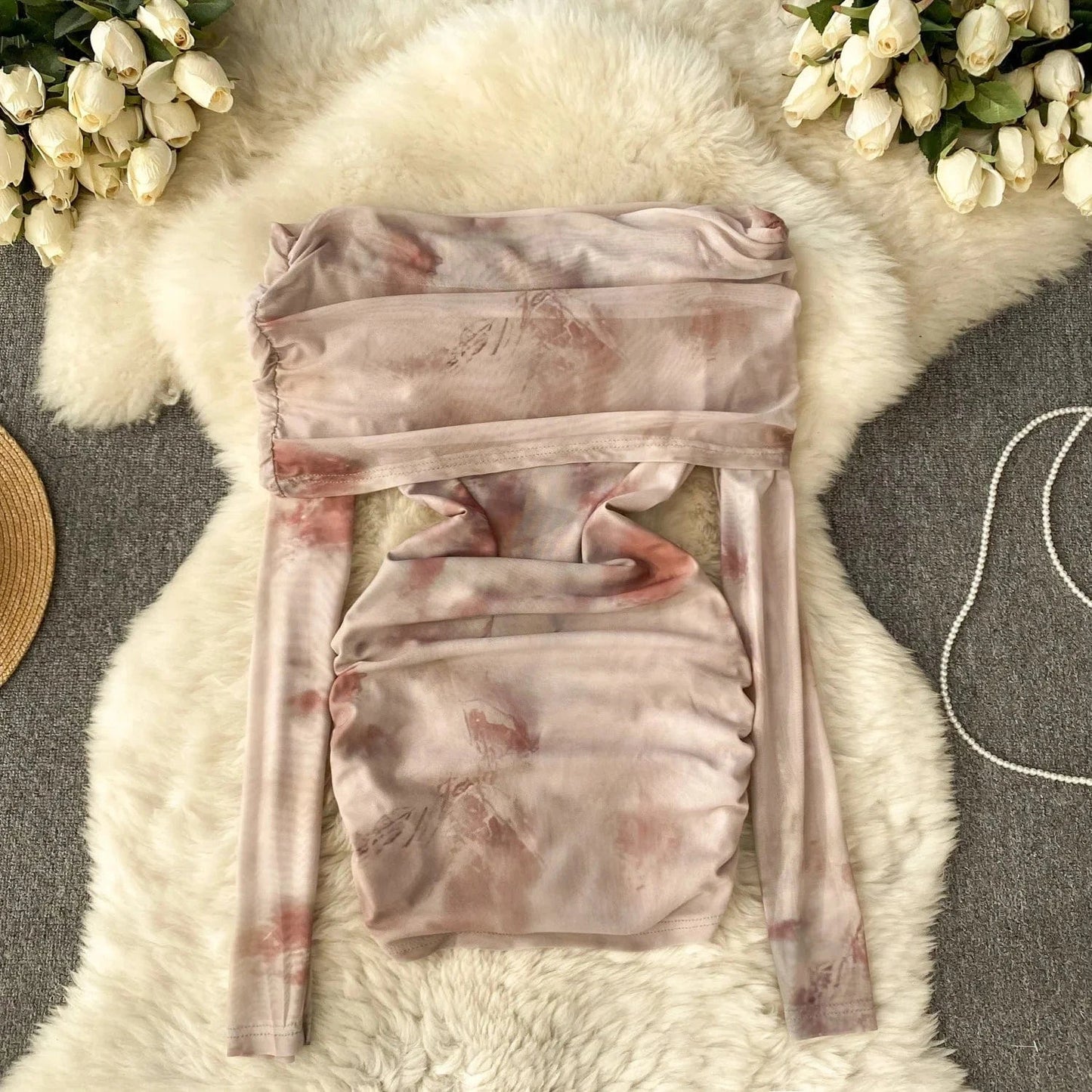 2024 Fashion Retro Mixed-color Tie-dyed Sexy Hot Girl Off-shoulder Versatile T-shirt Women