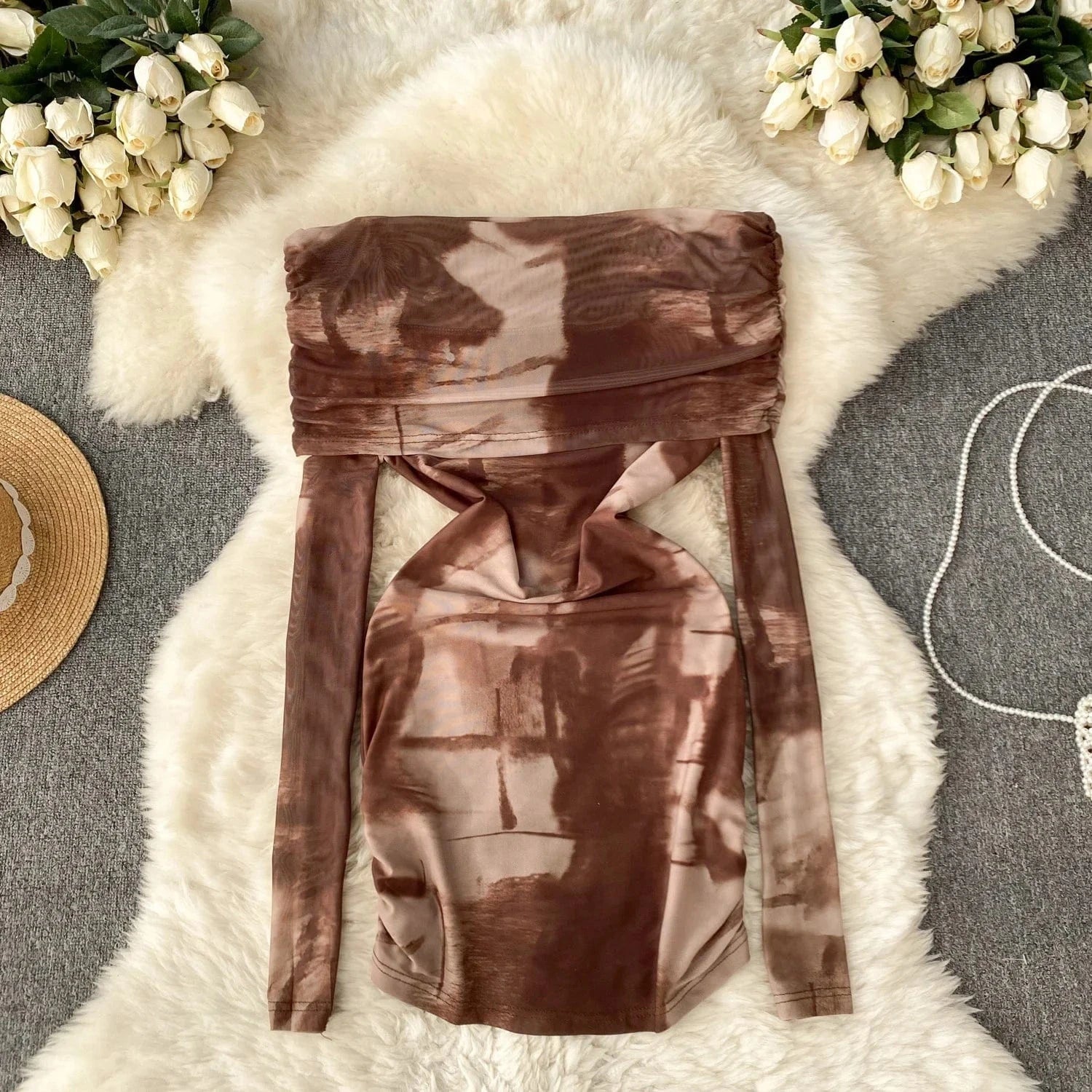 2024 Fashion Retro Mixed-color Tie-dyed Sexy Hot Girl Off-shoulder Versatile T-shirt Women