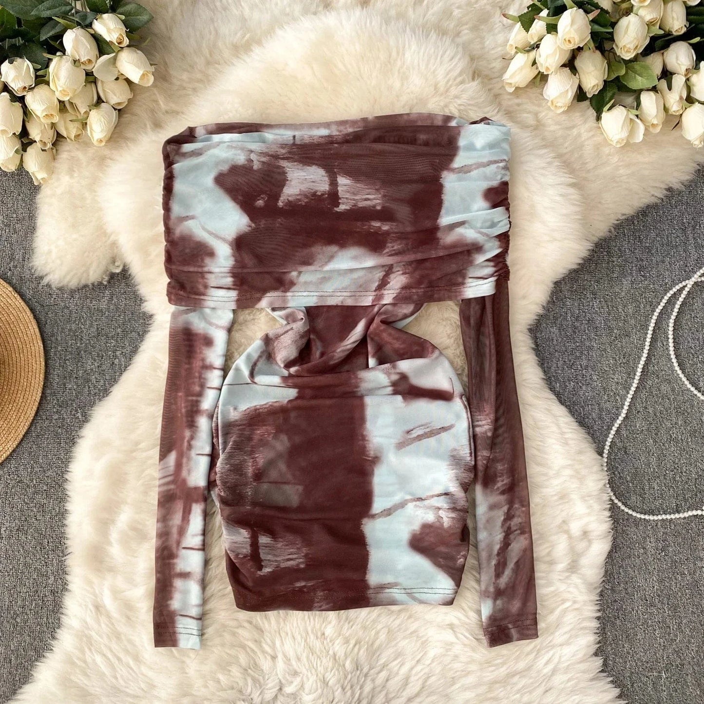 2024 Fashion Retro Mixed-color Tie-dyed Sexy Hot Girl Off-shoulder Versatile T-shirt Women