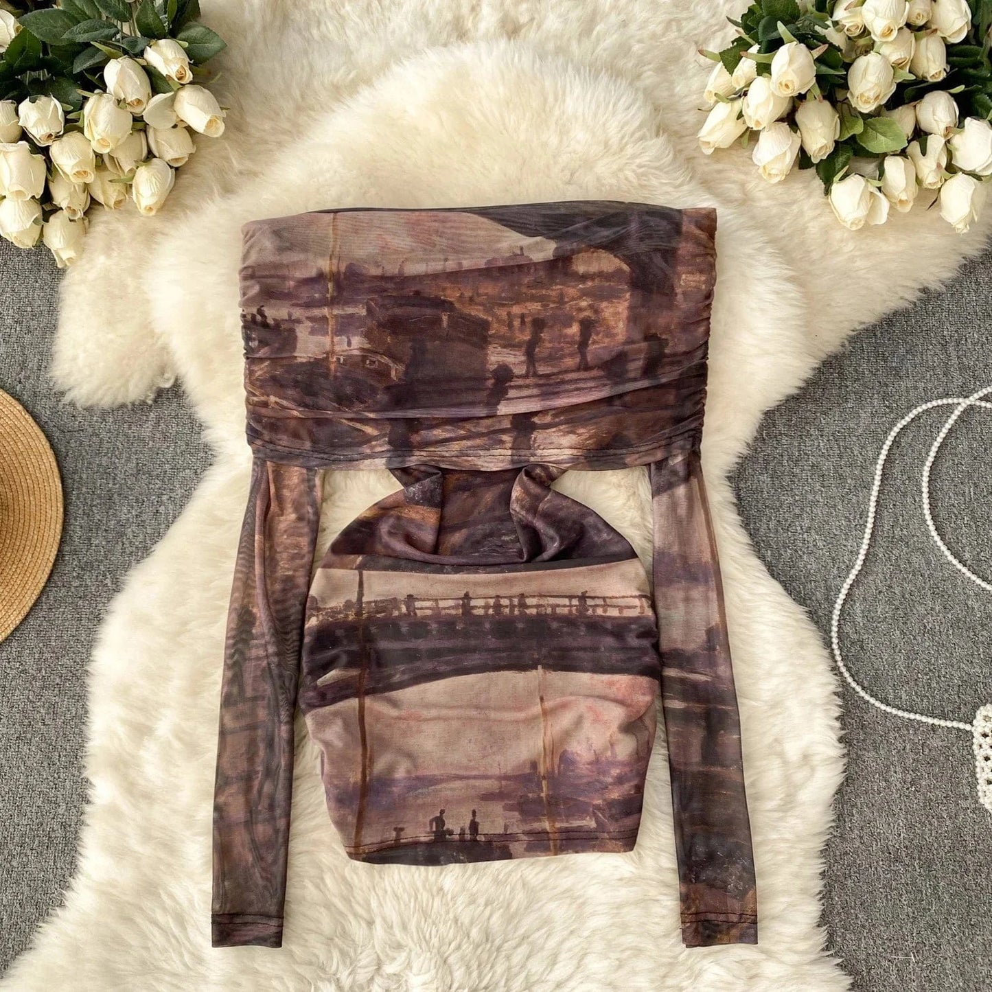 2024 Fashion Retro Mixed-color Tie-dyed Sexy Hot Girl Off-shoulder Versatile T-shirt Women