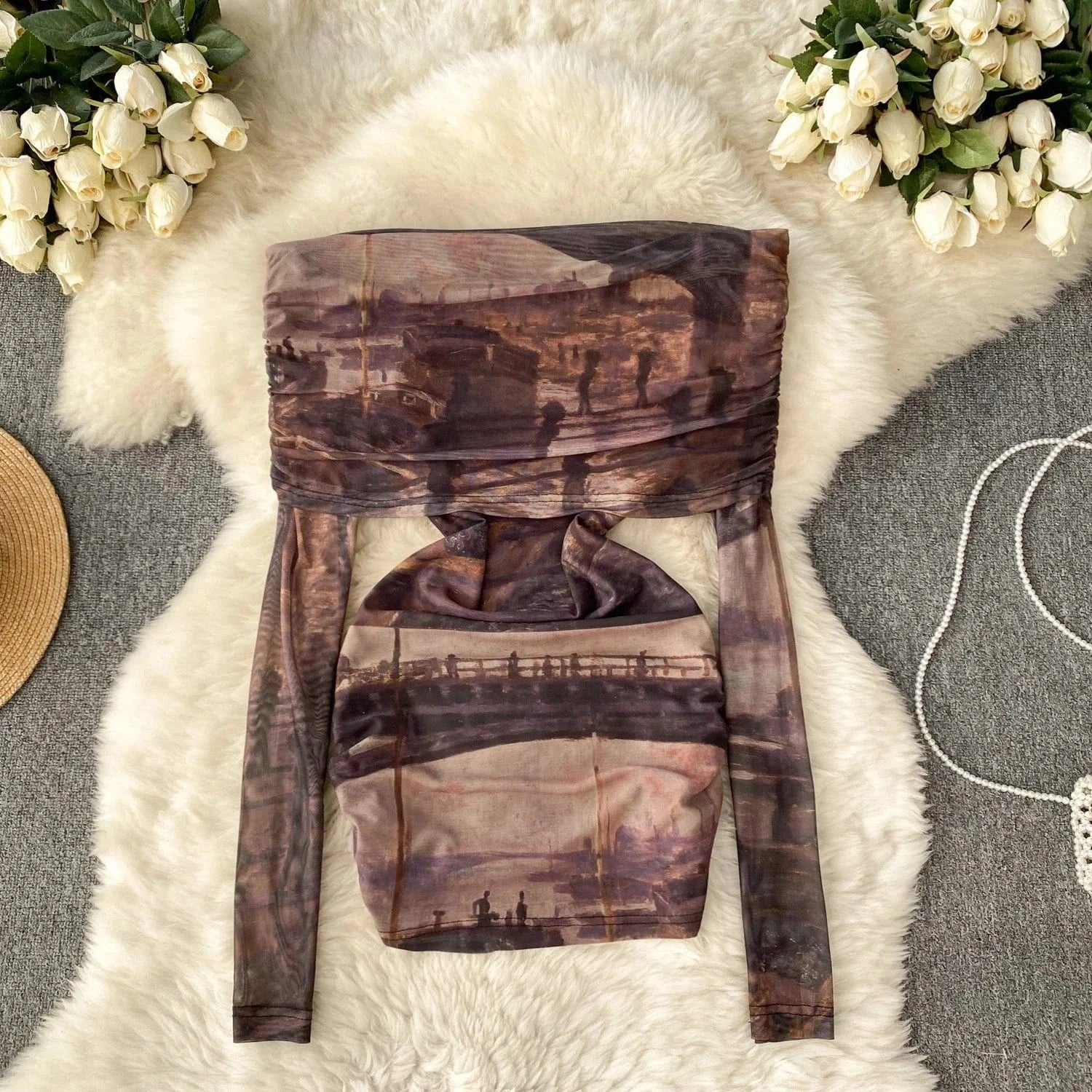 2024 Fashion Retro Mixed-color Tie-dyed Sexy Hot Girl Off-shoulder Versatile T-shirt Women