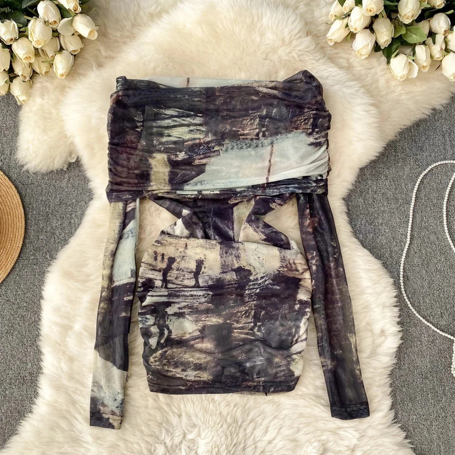 2024 Fashion Retro Mixed-color Tie-dyed Sexy Hot Girl Off-shoulder Versatile T-shirt Women