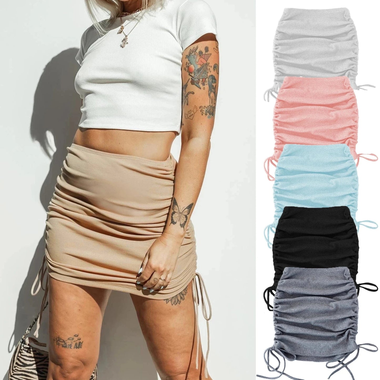 2024 Fashion Ruched Drawstring Knitted Rib Bodycon Skirt For Sexy Girls Mini Skirts Women Short
