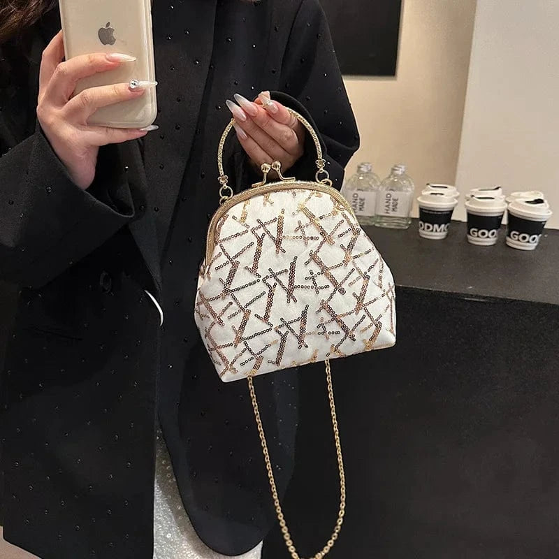 2024 Fashion Sequin Clutch Bag For Women Stylish Elegant Handbag Metal Golden Chain Clip Purse