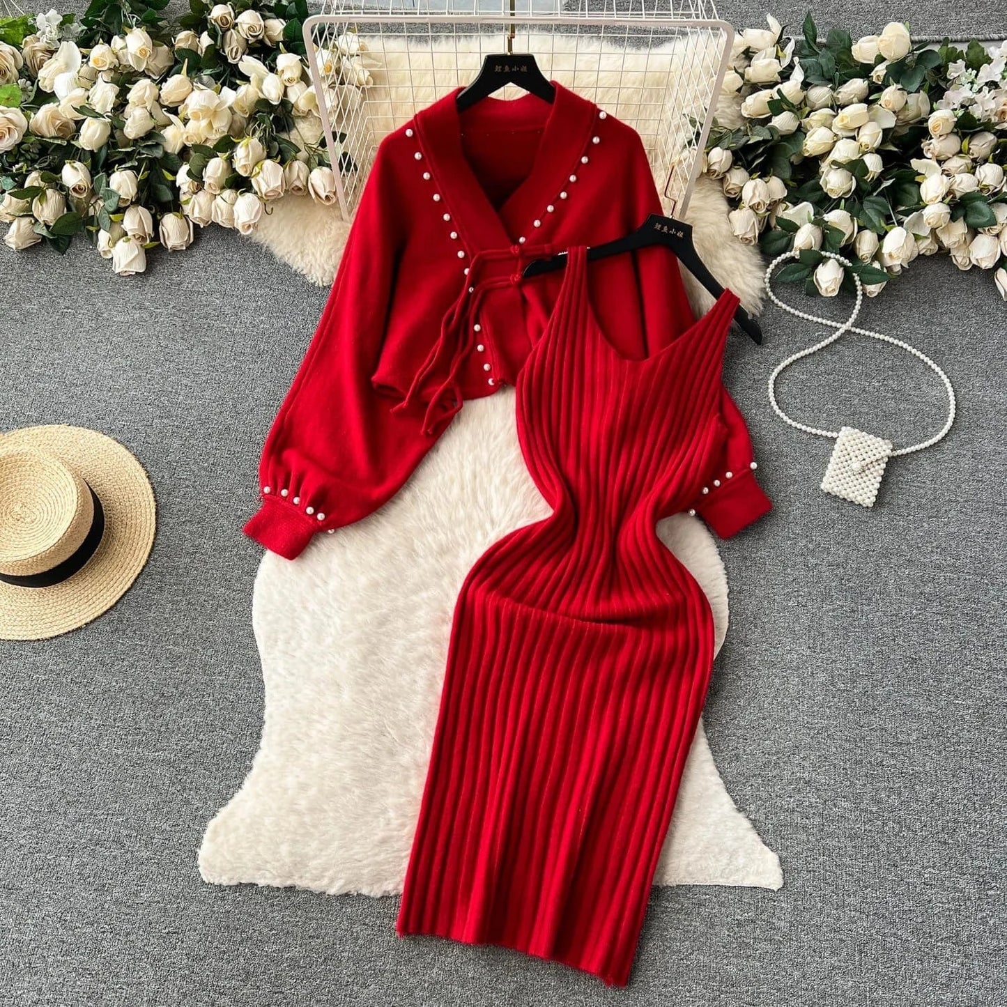 2024 Fashion Set Women's Autumn and Winter Premium Halter Dress Vintage Loose Knit Shawl Jacket Set
