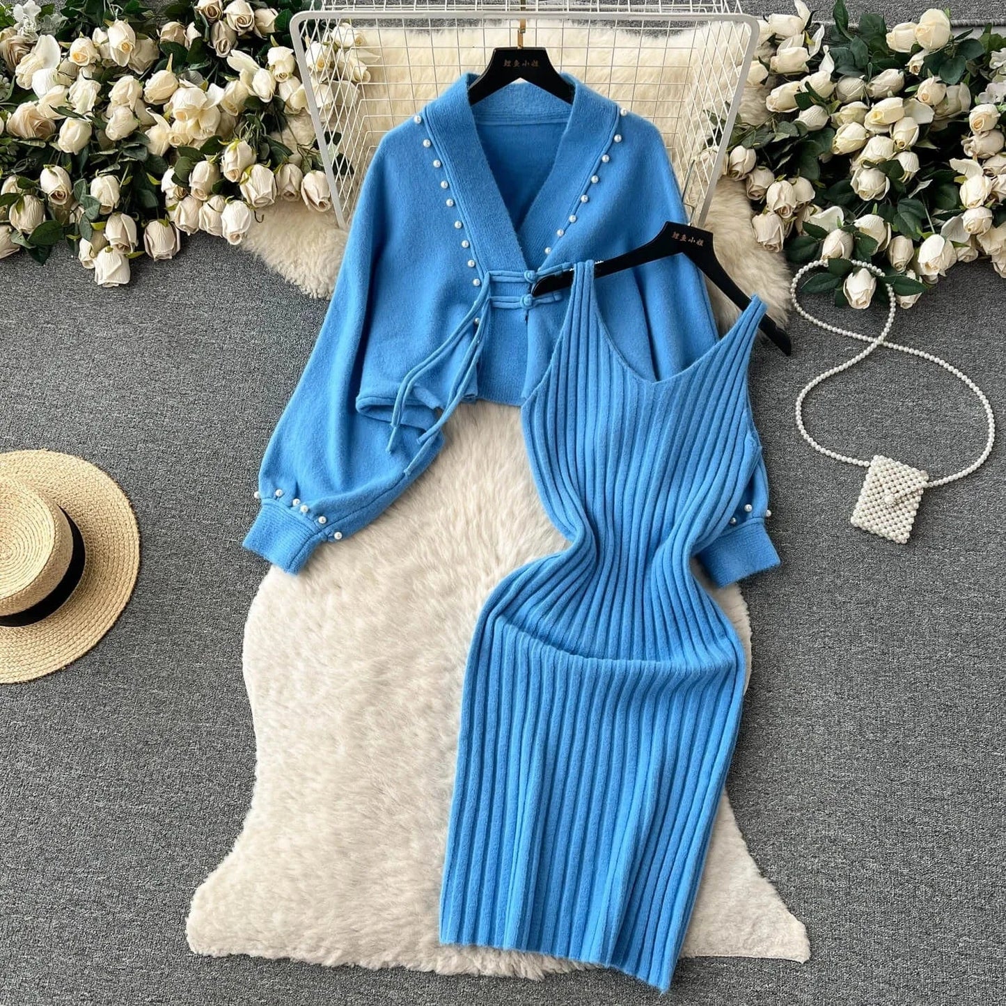 2024 Fashion Set Women's Autumn and Winter Premium Halter Dress Vintage Loose Knit Shawl Jacket Set