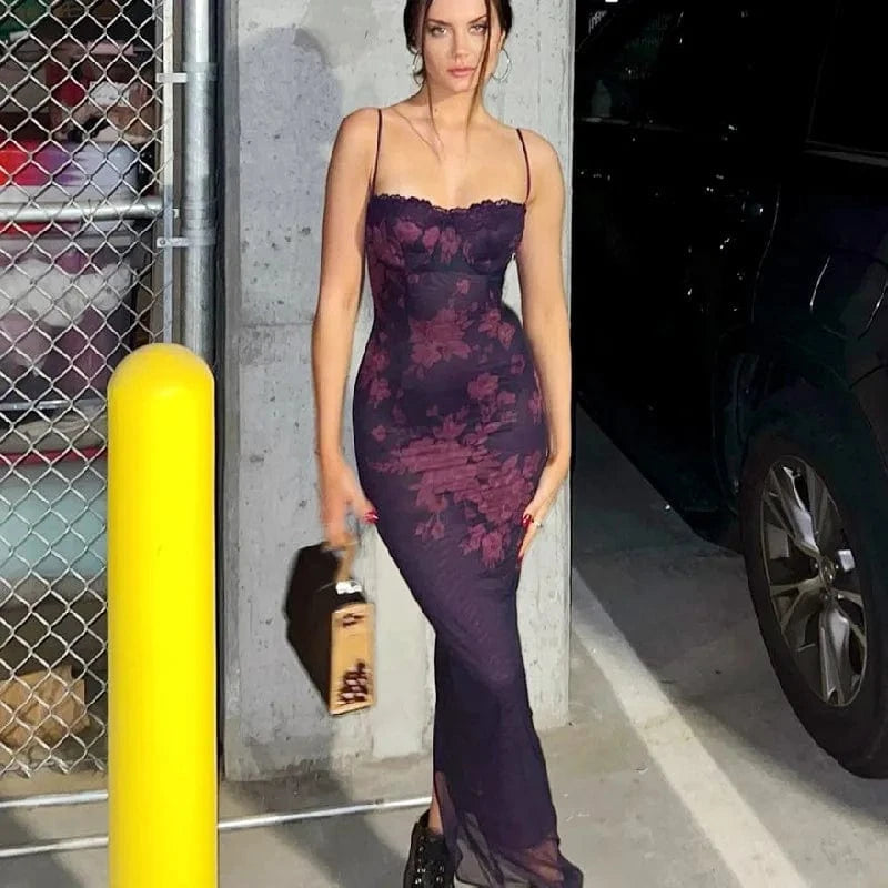 2024 Fashion sexy lace strap evening dress long slim fit slip dress women high waisted long slit skirt party dress