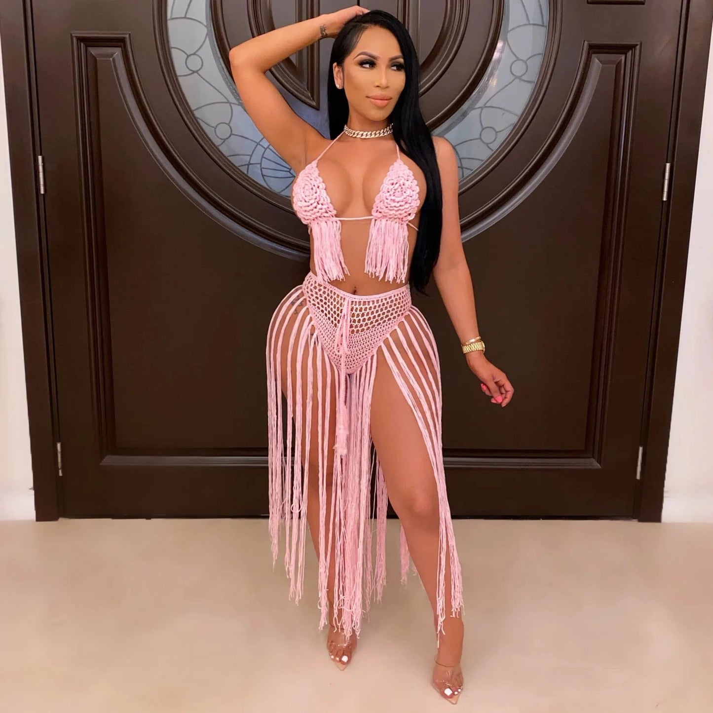 2024 fashion sexy swimsuit beachwear tassel triangle bra two piece crochet bikini set