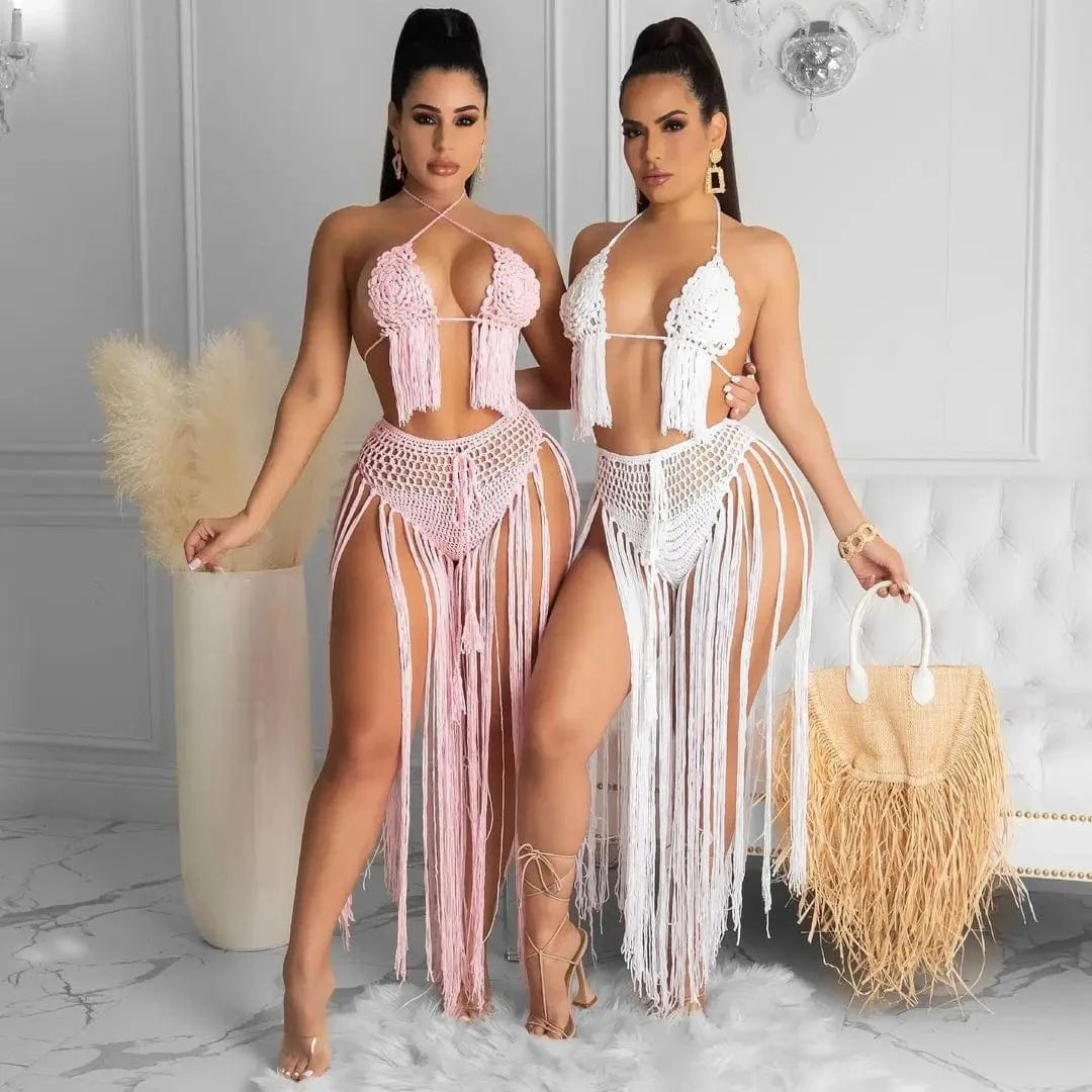 2024 fashion sexy swimsuit beachwear tassel triangle bra two piece crochet bikini set