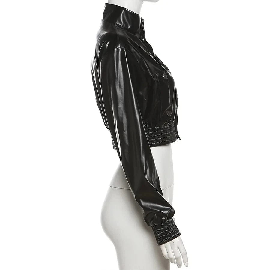 2024 Fashion Stand Collar Crop Leather Jackets and Mini Skirt Sets for Women Pu Leather Bomber Jacket Matching 2 Piece Outfits